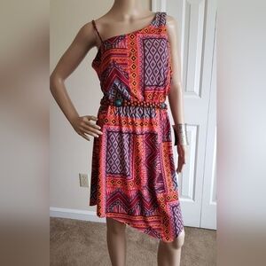 Boho Aztec Print Mini Dress with Beaded Belt, Size Medium